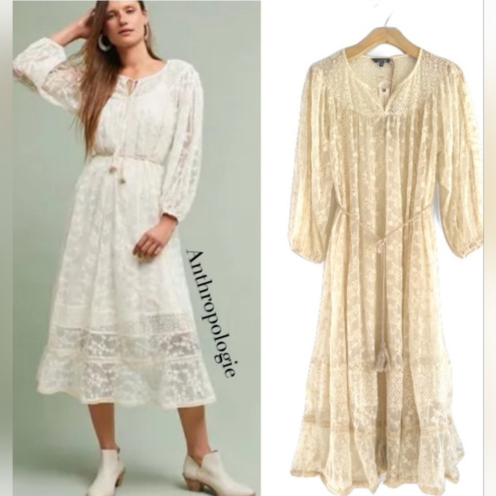 Beautiful Cream Lace Dress Wedding, Blue Tassel Anthropologie